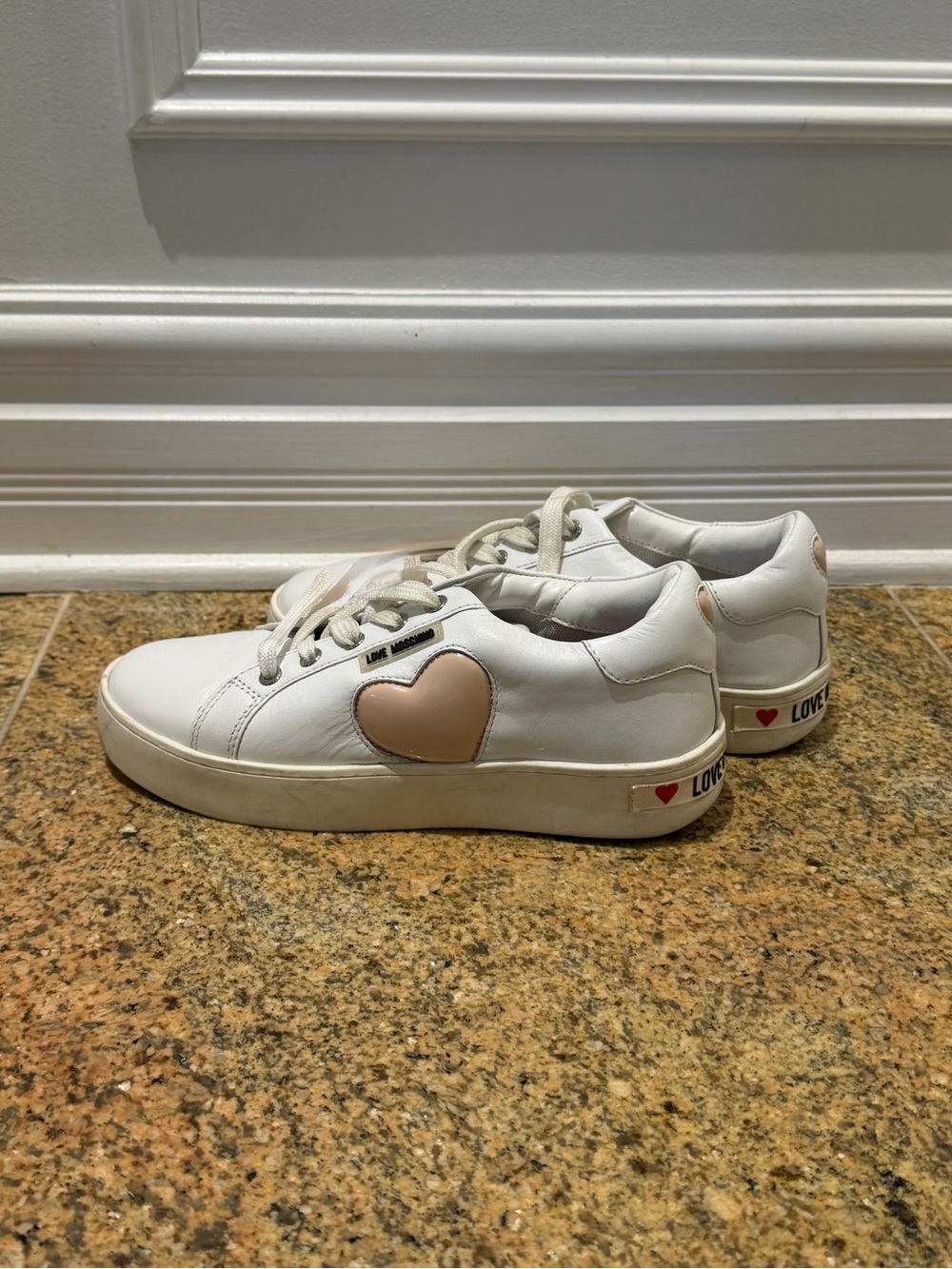 Moschino White Leather Sneakers with Blush Heart Detail